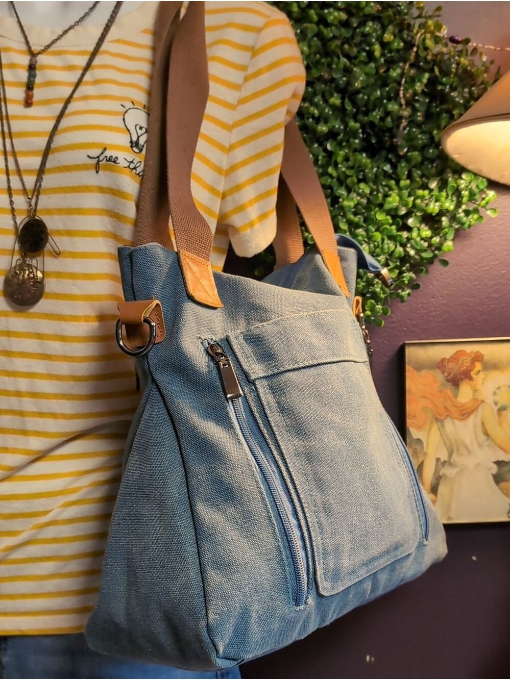 Canvas Tote Bag with Front Side Zip Pockets - Denim Blue - Picture 10 of 11